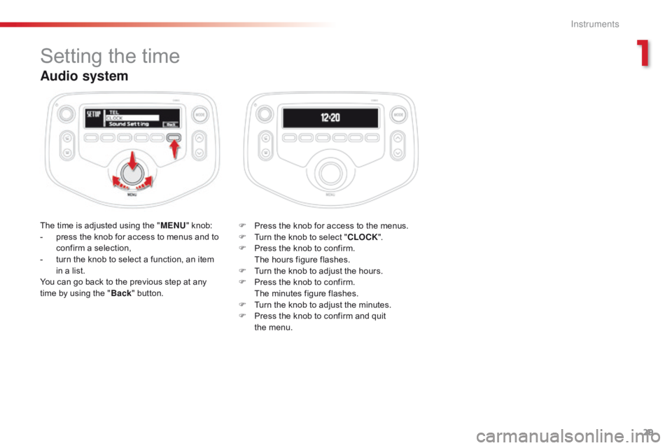 CITROEN C1 2020 Owners Guide 29
C1_en_Chap01_instrument- de-bord_ed01-2016
Audio system
The time is adjusted using the "M ENU"   knob:
-  p ress   the   knob   for   access   to   menus   and   to  
c

on