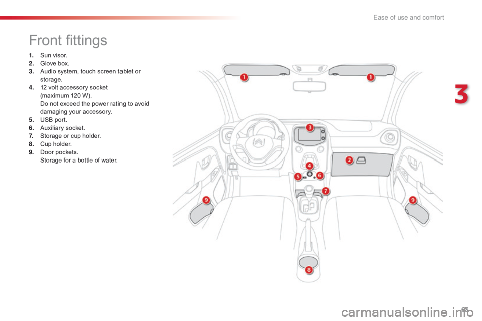 CITROEN C1 2020 Repair Manual 63
C1_en_Chap03_ergonomie-confort_ed01-2016
Front fittings
1. Sun visor.
2. G love  box.
3.
 A
udio  system,  touch  screen  tablet  or Â
s
torage.
4.
 1
2  volt  accessory CITROEN C1 2020 Repair Manual 63
C1_en_Chap03_ergonomie-confort_ed01-2016
Front fittings
1. Sun visor.
2. G love  box.
3.
 A
udio  system,  touch  screen  tablet  or Â
s
torage.
4.
 1
2  volt  accessory