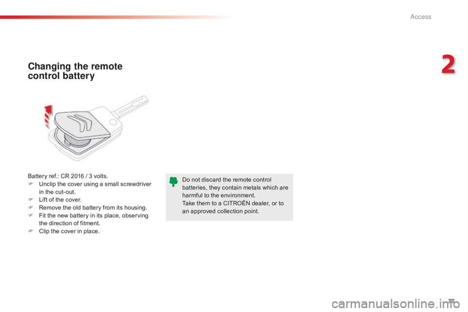CITROEN C1 2019 Owners Guide 33
C1_en_Chap02_ouvertures_ed01-2016
Battery ref.: CR 2016 / 3 volts.
F  U nclip  the  cover  using  a  small  screwdriver Â
i
n  the  cut-out.
F
Â
L
ift  of  the  cov CITROEN C1 2019 Owners Guide 33
C1_en_Chap02_ouvertures_ed01-2016
Battery ref.: CR 2016 / 3 volts.
F  U nclip  the  cover  using  a  small  screwdriver Â
i
n  the  cut-out.
F
Â
L
ift  of  the  cov