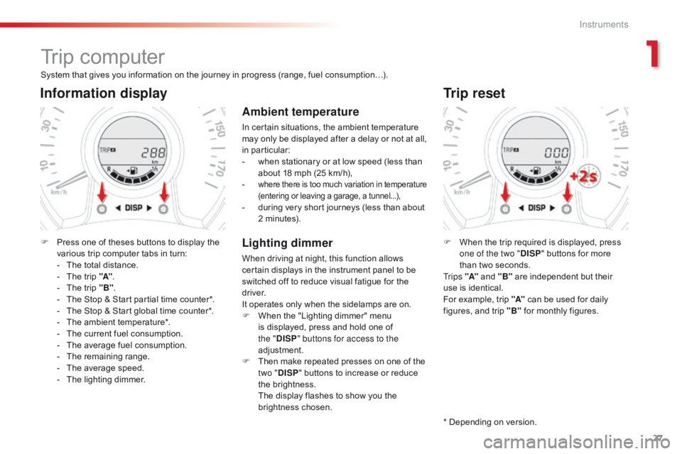 CITROEN C1 2018  Owners Manual 27
C1_en_Chap01_instrument- de-bord_ed01-2016
Trip computer
System that gives you information on the journey in progress (range, fuel consumption…).
Information display
F Press  one �