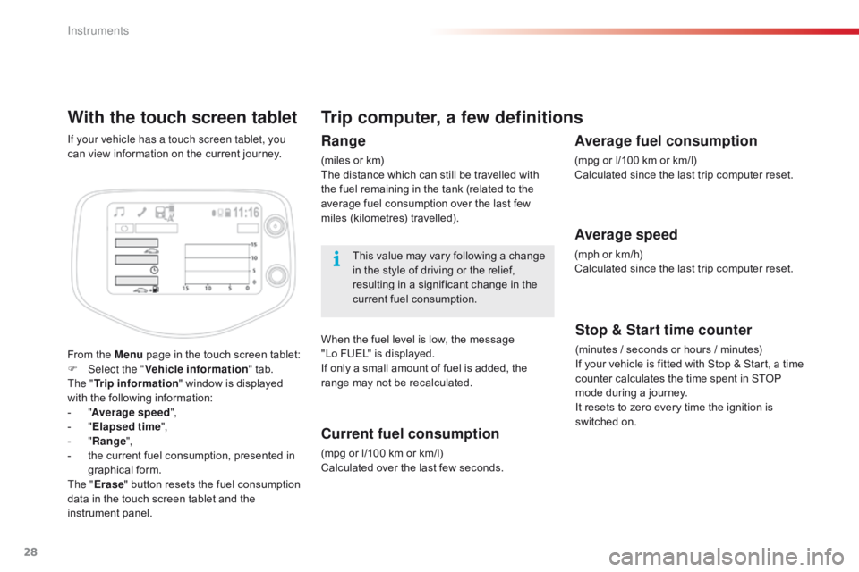 CITROEN C1 2018  Owners Manual 28
With the touch screen tablet
From the Menu page   in   the   touch   screen   tablet:
F  Sel ect the " Vehicle information "
  tab.
The " Trip information "
  window   is