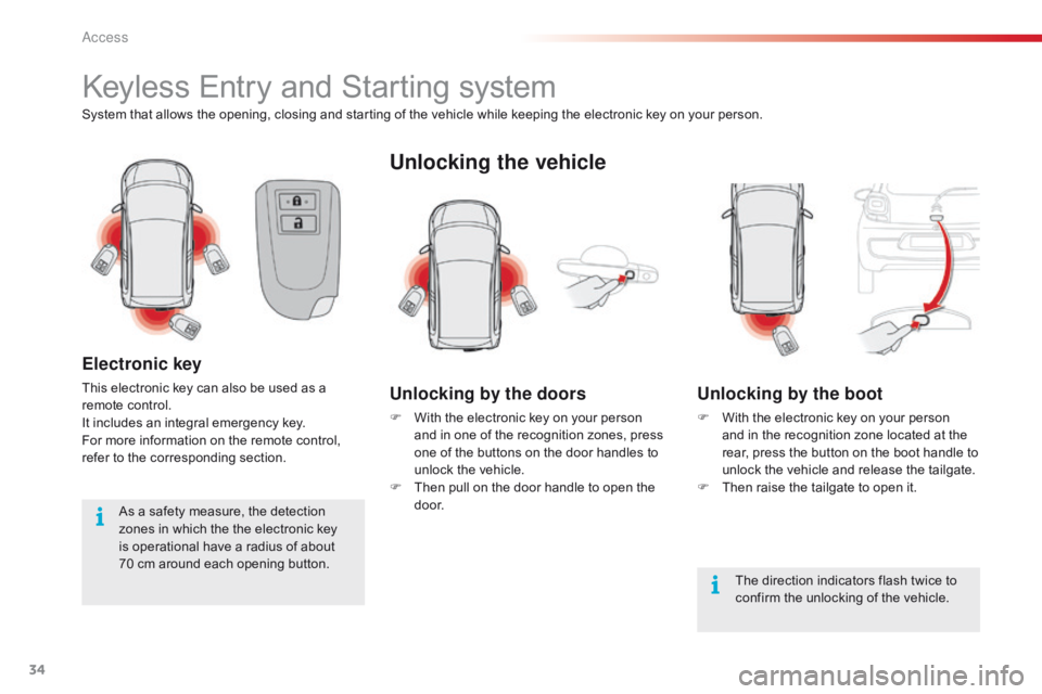 CITROEN C1 2018  Owners Manual 34
C1_en_Chap02_ouvertures_ed01-2016
Keyless Entry and Starting system
System that allows the opening, closing and starting of the vehicle while keeping the electronic key on your