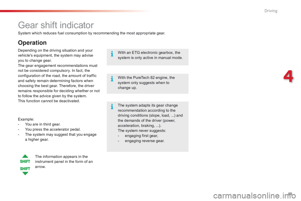 CITROEN C1 2018  Owners Manual 81
C1_en_Chap04_conduite_ed01-2016
System which reduces fuel consumption by recommending the most appropriate gear.
Gear shift indicator
Operation
Example:
- Y ou   are   in   third  