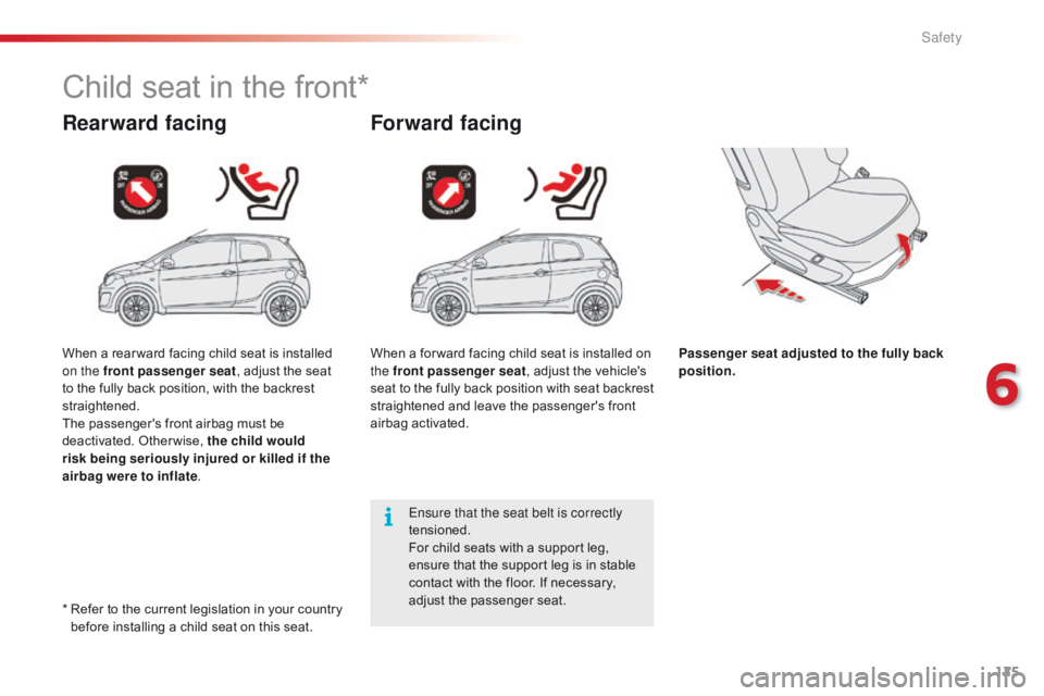CITROEN C1 2017  Owners Manual 125
C1_en_Chap06_securite_ed01-2016
Child seat in the front*
Rearward facingForward facing
Passenger seat adjusted to the fully back 
position.
Ensure that the seat belt is correctly 
tensioned.
F