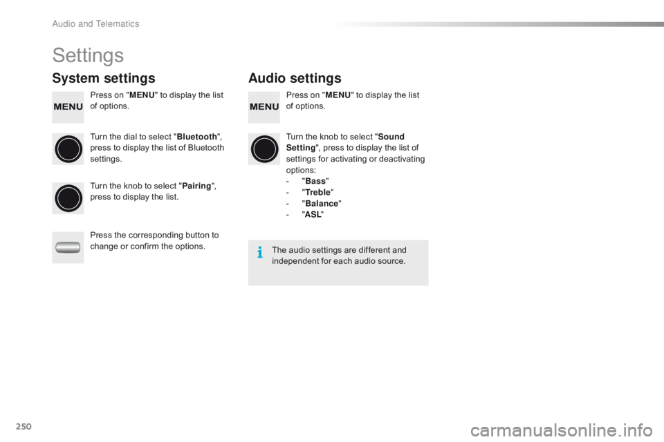 CITROEN C1 2017 Owners Manual 250
C1_en_Chap10b_ Autoradio-Toyota-2_ed01-2016
Settings
System settingsAudio settings
Press on "MENU"  to  display  the  list  o
f  options. Press on "
MENU"  to  displ CITROEN C1 2017 Owners Manual 250
C1_en_Chap10b_ Autoradio-Toyota-2_ed01-2016
Settings
System settingsAudio settings
Press on "MENU"  to  display  the  list  o
f  options. Press on "
MENU"  to  displ