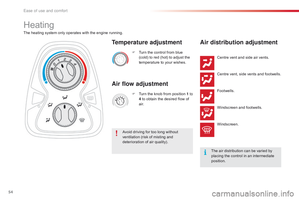 CITROEN C1 2017  Owners Manual 54
C1_en_Chap03_ergonomie-confort_ed01-2016
Heating
The heating system only operates with the engine running.F  
T
 urn   the   control   from   blue  
(

cold)   to   red   (hot)   