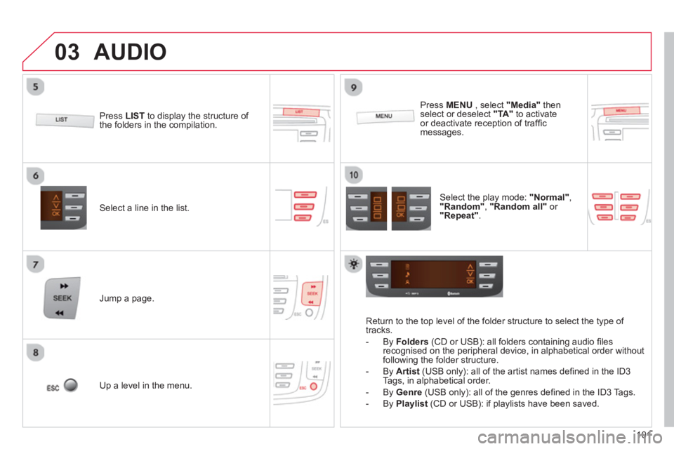 CITROEN C1 2013  Owners Manual 03
101
Select a line in the list.  
Jump a page.   
Pr
ess MENU, select "Media" 
 thenselect or deselect "TA" 
 to activate or deactivate reception of trafﬁ c messages.
U
p a level in the menu.
AUDI
