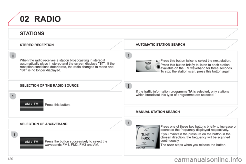 CITROEN C1 2013 Owners Manual 02
120
RADIO
STATIONS
When the radio receives a station broadcasting in stereo it
automatically plays in stereo and the screen displays "ST". If thereception conditions deteriorat CITROEN C1 2013 Owners Manual 02
120
RADIO
STATIONS
When the radio receives a station broadcasting in stereo it
automatically plays in stereo and the screen displays "ST". If thereception conditions deteriorat