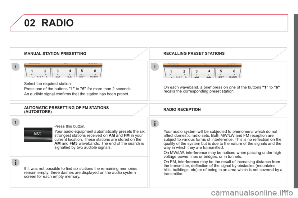 CITROEN C1 2013 Owners Manual 02
121
Select the required station.
Pr
ess one of the buttons "1"
to "6"for more than 2 seconds.
An audible signal confi rms that the station has been preset. MANUAL STATION PRESETTING
P CITROEN C1 2013 Owners Manual 02
121
Select the required station.
Pr
ess one of the buttons "1"
to "6"for more than 2 seconds.
An audible signal confi rms that the station has been preset. MANUAL STATION PRESETTING
P