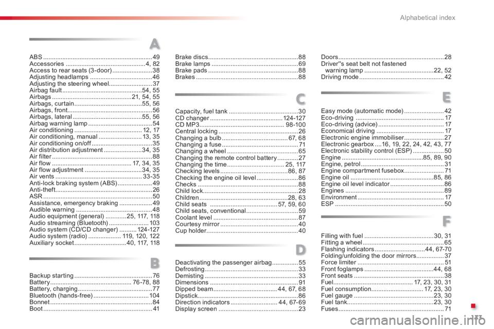 CITROEN C1 2013  Owners Manual .
133 Alphabetical index
ABS ...............................................................49Accessories .............................................. 4, 82Access to rear seats (3-door).............