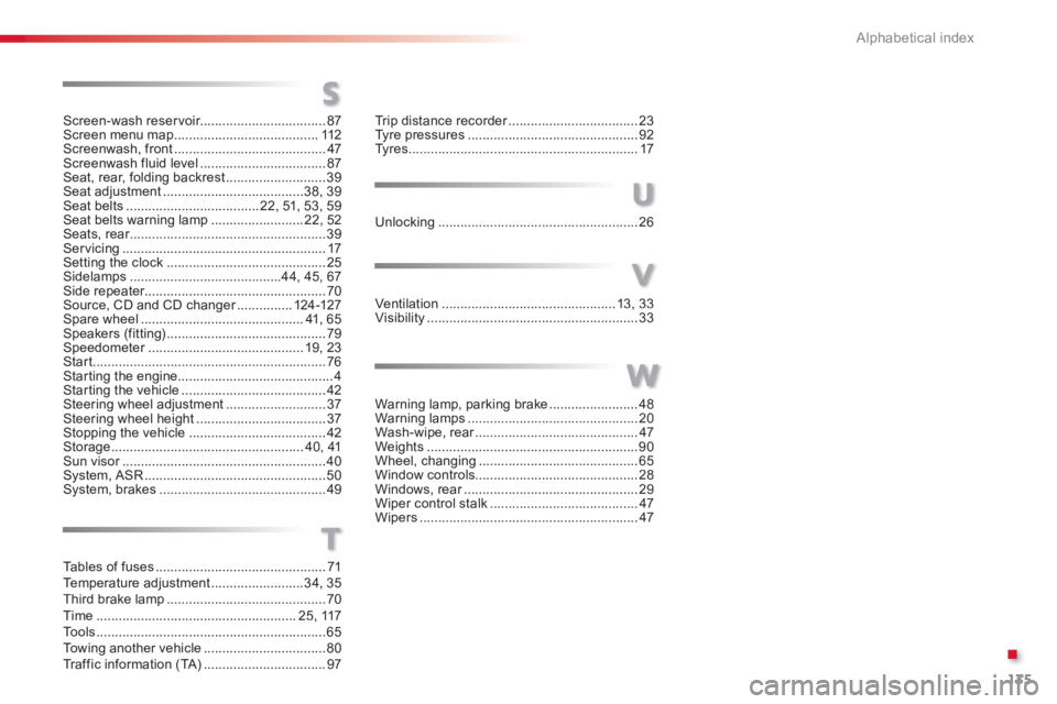 CITROEN C1 2013  Owners Manual .
135 Alphabetical index
Screen-wash reservoir..................................87Screen menu map.......................................112Screenwash, front.........................................47S