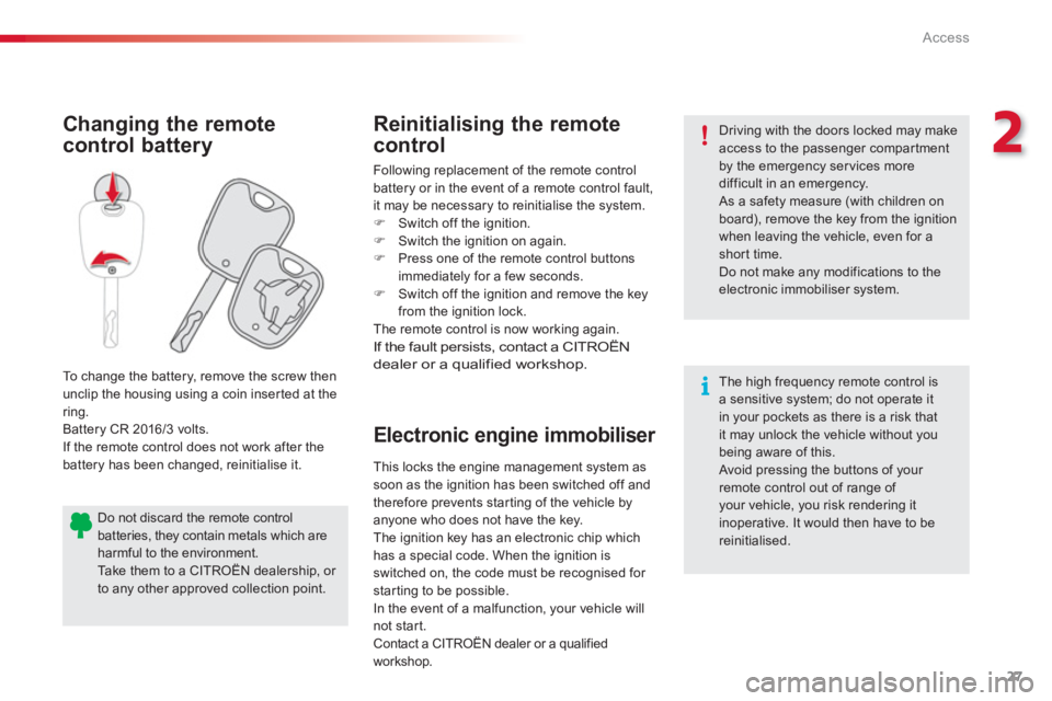 CITROEN C1 2013 Owners Manual 2
27 Access
Electronic engine immobiliser 
Changing the remote
control battery
Reinitialising the remote
control
Following replacement of the remote control
batter
y or in the event of a remote contro