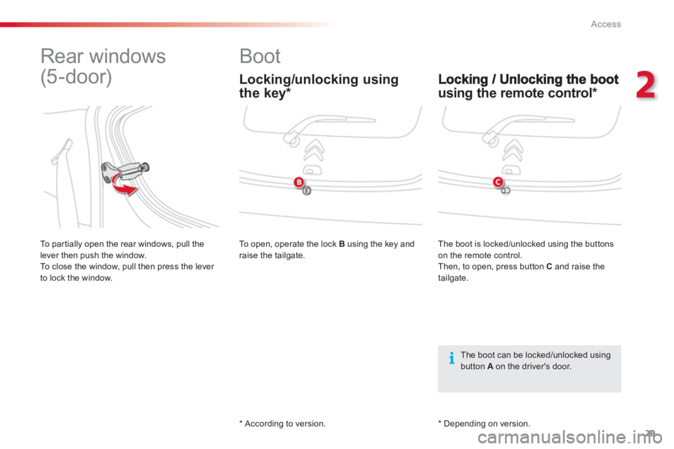 CITROEN C1 2013 Owners Guide 2
29 Access
   
 
 
 
 
Boot 
using the remote control *  
 
 
 
 
 
 
Rear windows 
(5 - door) 
*   
According to version.     
The boot is locked/unlocked usin
g the buttonson the remote control. 
 