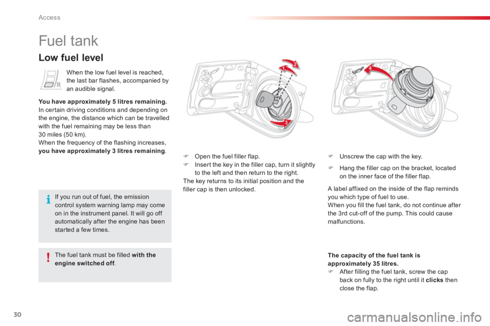 CITROEN C1 2013 Owners Guide 30Access
   
 
 
 
 
 
 
 
 
 
 
 
 
 
 
 
 
 
 
 
 
 
 
Fuel tank 
�) 
 Open the fuel filler flap. �) 
  Inser t the key in the filler cap, turn it slightly 
to the left and then return to the right.