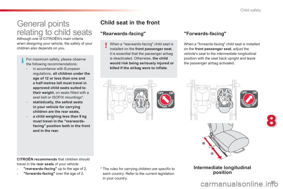 CITROEN C1 2013 Workshop Manual 8
57 Child safety
Child seat in the front
*
The rules for carrying children are specific toeach country. Refer to the current legislation
in your country.
General poi CITROEN C1 2013 Workshop Manual 8
57 Child safety
Child seat in the front
*
The rules for carrying children are specific toeach country. Refer to the current legislation
in your country.
General poi