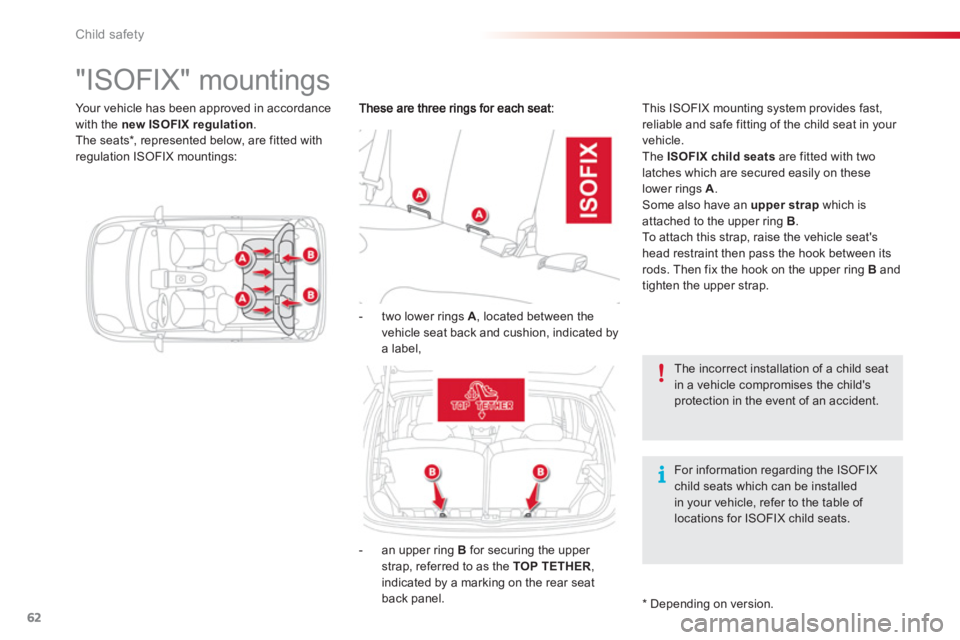 CITROEN C1 2013 Repair Manual 62Child safety
   
 
 
 
 
 
 
 
 
 
 
 
 
"ISOFIX" mountings 
 
This ISOFIX mounting system provides fast,
reliable and safe fitting of the child seat in your 
vehicle. 
  The  ISOFIX child seatsare 