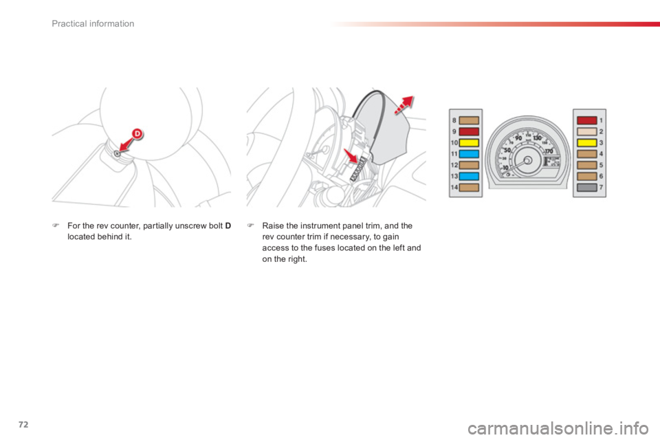 CITROEN C1 2013 Manual PDF 72Practical information
�)    Raise the instrument panel trim, and the
rev counter trim if necessary, to gain access to the fuses located on the left and on the right.  
 
�)For the rev counter, par t