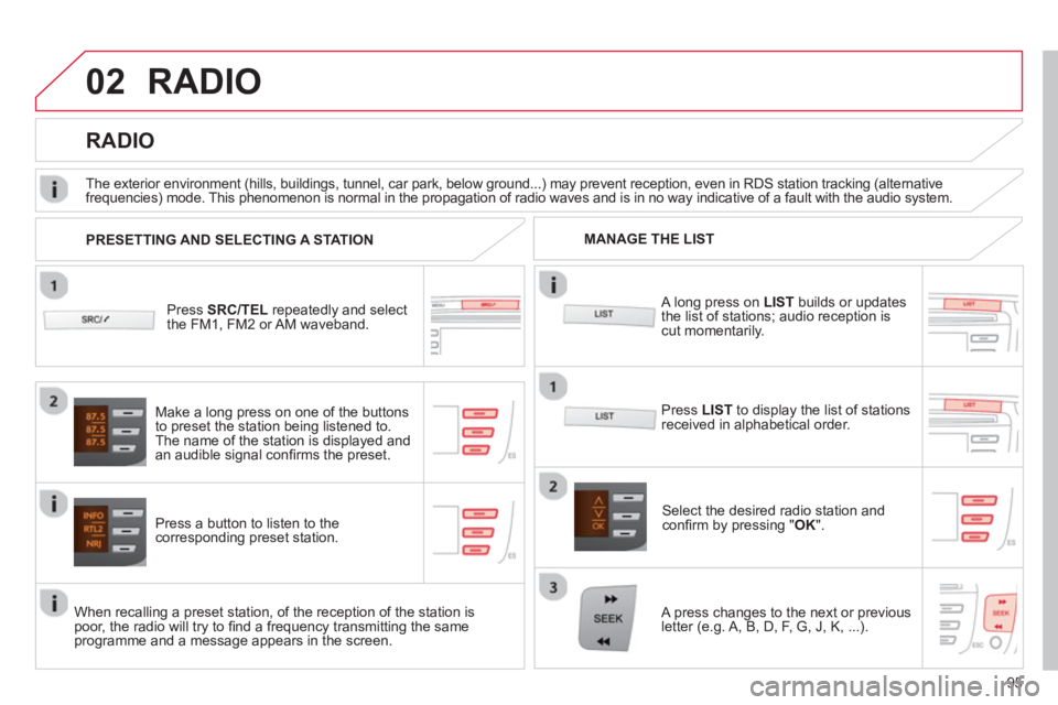 CITROEN C1 2013 Owners Manual 02
95
RADIO
Press SRC/TEL
repeatedly and select
the FM1, FM2 or AM waveband.
Press a button to listen to the corresponding preset station.
Select the desired radio station and confi rm by CITROEN C1 2013 Owners Manual 02
95
RADIO
Press SRC/TEL
repeatedly and select
the FM1, FM2 or AM waveband.
Press a button to listen to the corresponding preset station.
Select the desired radio station and confi rm by
