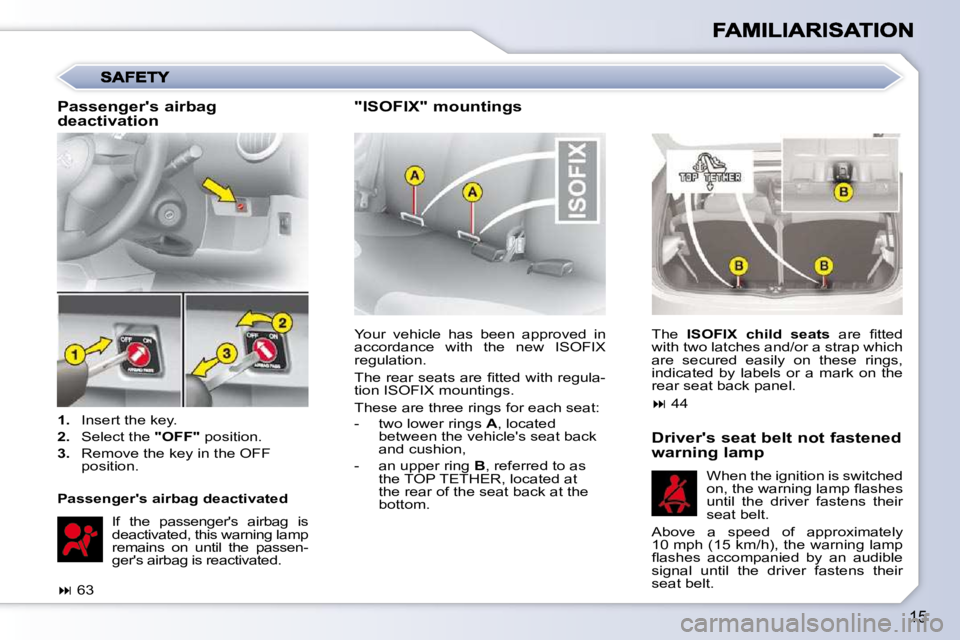 CITROEN C1 2011 User Guide 15
 Your  vehicle  has  been  approved  in  
accordance  with  the  new  ISOFIX 
regulation.  
� �T�h�e� �r�e�a�r� �s�e�a�t�s� �a�r�e� �ﬁ� �t�t�e�d� �w�i�t�h� �r�e�g�u�l�a�- 
tion ISOFIX mountings. 