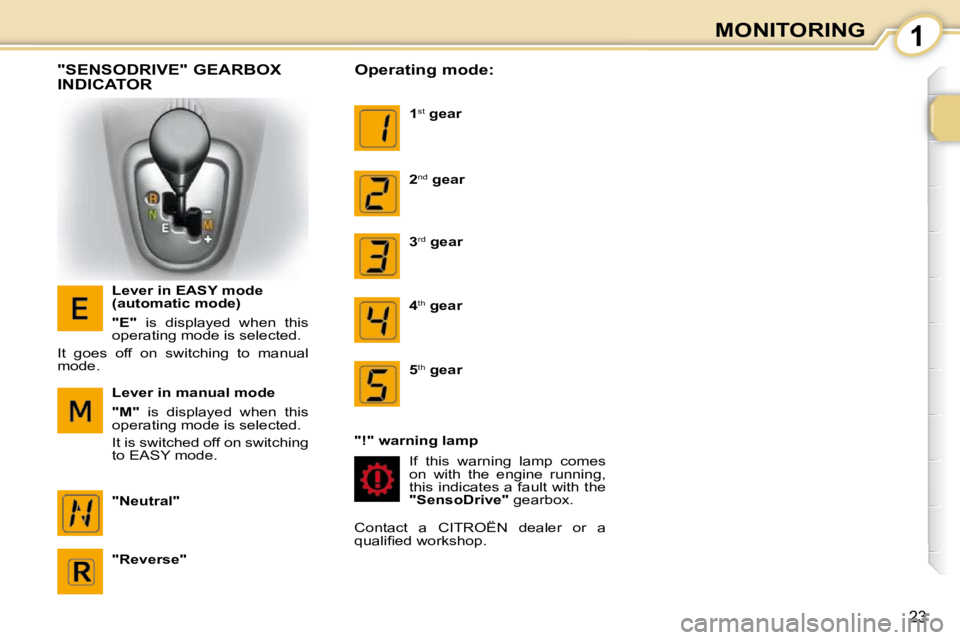 CITROEN C1 2011 Owners Manual 1
23
MONITORING
  "SENSODRIVE" GEARBOX  
INDICATOR 
  Lever in EASY mode  
(automatic mode)  
  
"E"    is  displayed  when  this 
operating mode is selected. 
 It  goes  off  on  switching  to  manua