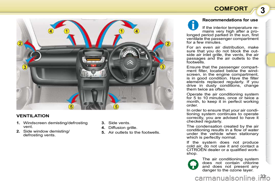 CITROEN C1 2011 Owners Guide 3
33
COMFORT
VENTILATION 
  Recommendations for use 
 If the interior temperature re- 
mains  very  high  after  a  pro-
�l�o�n�g�e�d� �p�e�r�i�o�d� �p�a�r�k�e�d� �i�n� �t�h�e� �s�u�n�,� �ﬁ� �r�s�t�