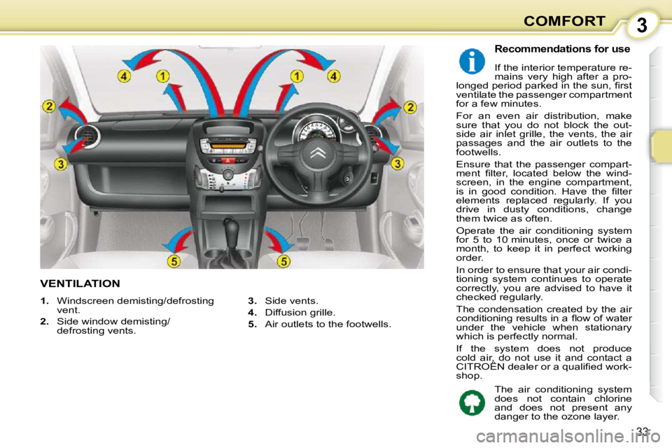 CITROEN C1 2011  Owners Manual 3
33
COMFORT
VENTILATION 
  Recommendations for use 
 If the interior temperature re- 
mains  very  high  after  a  pro-
�l�o�n�g�e�d� �p�e�r�i�o�d� �p�a�r�k�e�d� �i�n� �t�h�e� �s�u�n�,� �ﬁ� �r�s�t�