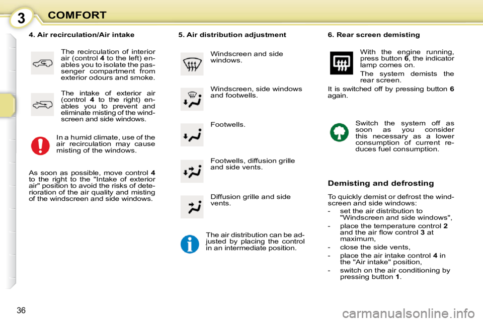 CITROEN C1 2011 Owners Guide 3
36
COMFORT Footwells. 
� � �4�.� �A�i�r� �r�e�c�i�r�c�u�l�a�t�i�o�n�/�A�i�r� �i�n�t�a�k�e� 
 The  recirculation  of  interior  
air (control   4  to the left) en-
ables you to isolate the pas-
senge