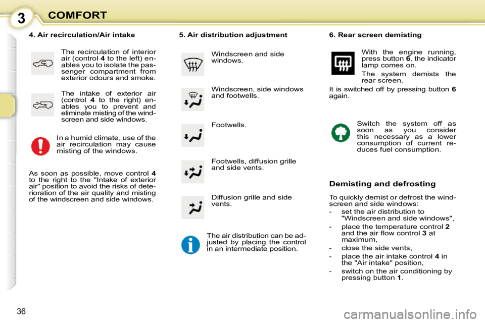 CITROEN C1 2011  Owners Manual 3
36
COMFORT Footwells. 
� � �4�.� �A�i�r� �r�e�c�i�r�c�u�l�a�t�i�o�n�/�A�i�r� �i�n�t�a�k�e� 
 The  recirculation  of  interior  
air (control   4  to the left) en-
ables you to isolate the pas-
senge