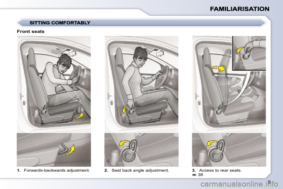 CITROEN C1 2011  Owners Manual 9
   
1. � �  �F�o�r�w�a�r�d�s�-�b�a�c�k�w�a�r�d�s� �a�d�j�u�s�t�m�e�n�t�.�    
2.    Seat back angle adjustment.     3.   Access to rear seats.  
   
�   38   
  Front seats               