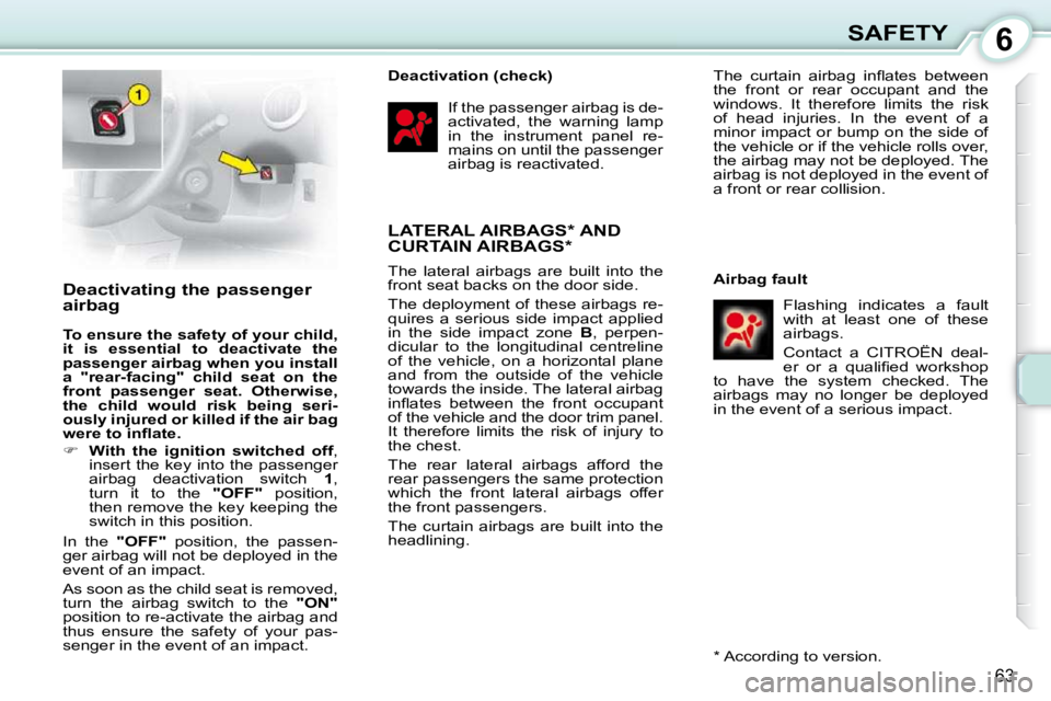 CITROEN C1 2010 Repair Manual 6
63
SAFETY
       Deactivating the passenger  
airbag  
  
To ensure the safety of your child,  
it  is  essential  to  deactivate  the 
passenger airbag when you install a  "rear-facing"  child  sea