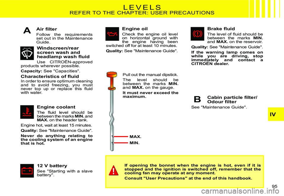 CITROEN C2 2009  Owners Manual A
B
IV
95 
L E V E L SREFER TO THE CHAPTER: USER PRECAUTIONS
�A�i�r� �ﬁ� �l�t�e�r
Follow  the  requirements set out in the Maintenance Guide.
Windscreen/rear screen wash and �h�e�a�d�l�a�m�p� �w�a�s