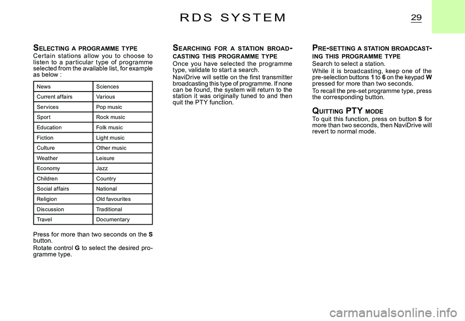 CITROEN C2 2007 Owners Manual 29R D S S Y S T E M
SELECTING A PROGRAMME TYPECer t ain st ations allow you to choose to listen to a par ticular t ype of programme selected from the available list, for example as be CITROEN C2 2007 Owners Manual 29R D S S Y S T E M
SELECTING A PROGRAMME TYPECer t ain st ations allow you to choose to listen to a par ticular t ype of programme selected from the available list, for example as be