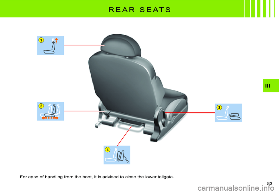 CITROEN C2 2007 Repair Manual 1
23
4
III
83 
R E A R   S E A T S
For ease of handling from the boot, it is advised to close the lower tailgate.  