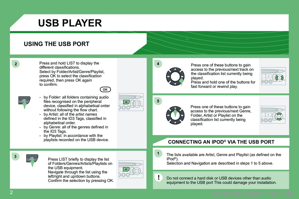 CITROEN C2 2006  Owners Manual �2
33
44
11
55
22
  USB PLAYER
  USING THE USB PORT 
� � �P�r�e�s�s� �L�I�S�T� �b�r�i�e�ﬂ� �y� �t�o� �d�i�s�p�l�a�y� �t�h�e� �l�i�s�t� of Folders/Genres/Artists/Playlists on the USB equipment.  Navi