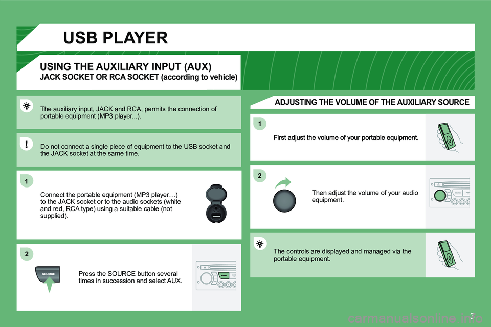 CITROEN C2 2006  Owners Manual �3
11
22
22
11
 Then adjust the volume of your audio equipment. 
� �T�h�e� �a�u�x�i�l�i�a�r�y� �i�n�p�u�t�,� �J�A�C�K� �a�n�d� �R�C�A�,� �p�e�r�m�i�t�s� �t�h�e� �c�o�n�n�e�c�t�i�o�n� �o�f� �p�o�r�t�a�