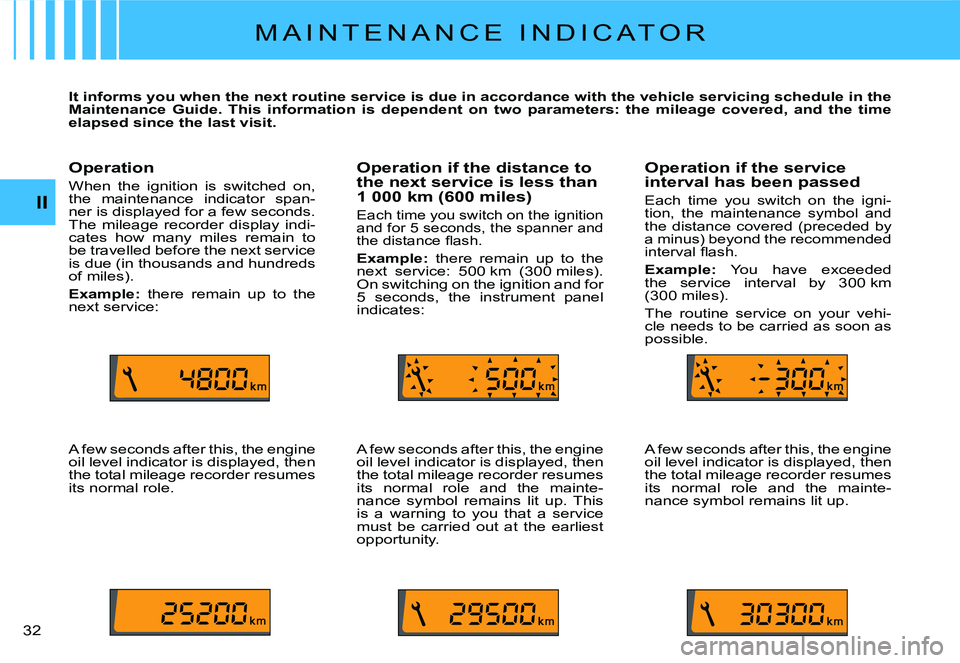 CITROEN C2 2005 User Guide II
�3�2� 
M A I N T E N A N C E   I N D I C A T O R
It informs you when the next routine service is due in accordance with the vehicle servicing schedule in the Maintenance  Guide.  This  information 