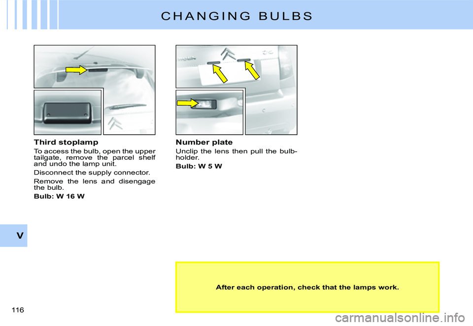CITROEN C2 2003  Owners Manual V
116 
C H A N G I N G   B U L B S
�T�h�i�r�d� �s�t�o�p�l�a�m�p
�T�o� �a�c�c�e�s�s� �t�h�e� �b�u�l�b�,� �o�p�e�n� �t�h�e� �u�p�p�e�r� �t�a�i�l�g�a�t�e�,�  �r�e�m�o�v�e�  �t�h�e�  �p�a�r�c�e�l�  �s�h�e