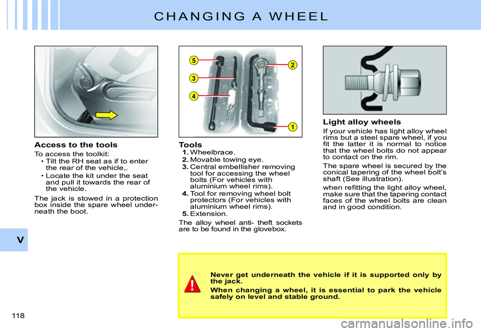 CITROEN C2 2003  Owners Manual 4
3
�52
1
V
�1�1�8� 
C H A N G I N G   A   W H E E L
�N�e�v�e�r�  �g�e�t�  �u�n�d�e�r�n�e�a�t�h�  �t�h�e�  �v�e�h�i�c�l�e�  �i�f�  �i�t�  �i�s�  �s�u�p�p�o�r�t�e�d�  �o�n�l�y�  �b�y� �t�h�e� �j�a�c�k�