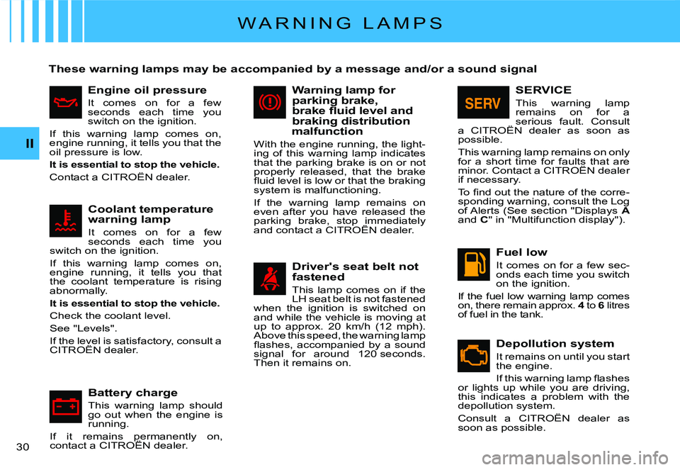 CITROEN C2 2003  Owners Manual II
�3�0� 
W A R N I N G   L A M P S
These warning lamps may be accompanied by a message and/or a sound signal
Engine oil pressure
It  comes  on  for  a  few seconds  each  time  you switch on the igni