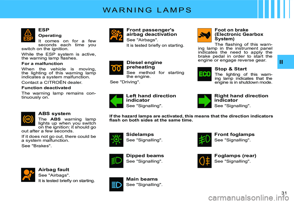 CITROEN C2 2003  Owners Manual II
�3�1� 
W A R N I N G   L A M P S
ESP
Operating
It  comes  on  for  a  few seconds  each  time  you switch on the ignition.
While  the  ESP  system  is  active, �t�h�e� �w�a�r�n�i�n�g� �l�a�m�p� ��