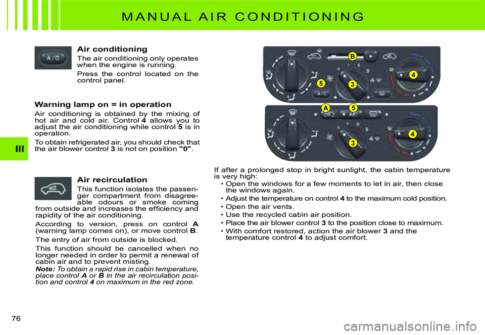 CITROEN C2 2003  Owners Manual 53
4
B
A5
3
4
III
76 
Air conditioning
The air conditioning only operates when the engine is running.
Press  the  control  located  on  the control panel.
Warning lamp on = in operation
Air  condition