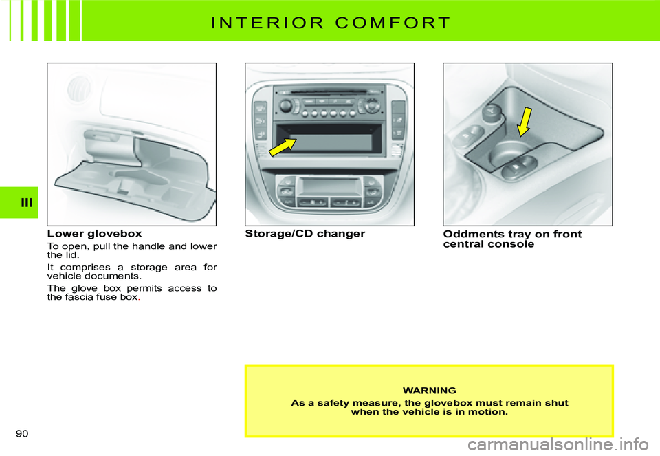 CITROEN C2 2003 Owners Manual III
90
I N T E R I O R C O M F O R T
Lower glovebox
To open, pull the handle and lower the lid.
It comprises a storage area for vehicle documents.
The glove box permits access to
the fa CITROEN C2 2003 Owners Manual III
90
I N T E R I O R C O M F O R T
Lower glovebox
To open, pull the handle and lower the lid.
It comprises a storage area for vehicle documents.
The glove box permits access to
the fa