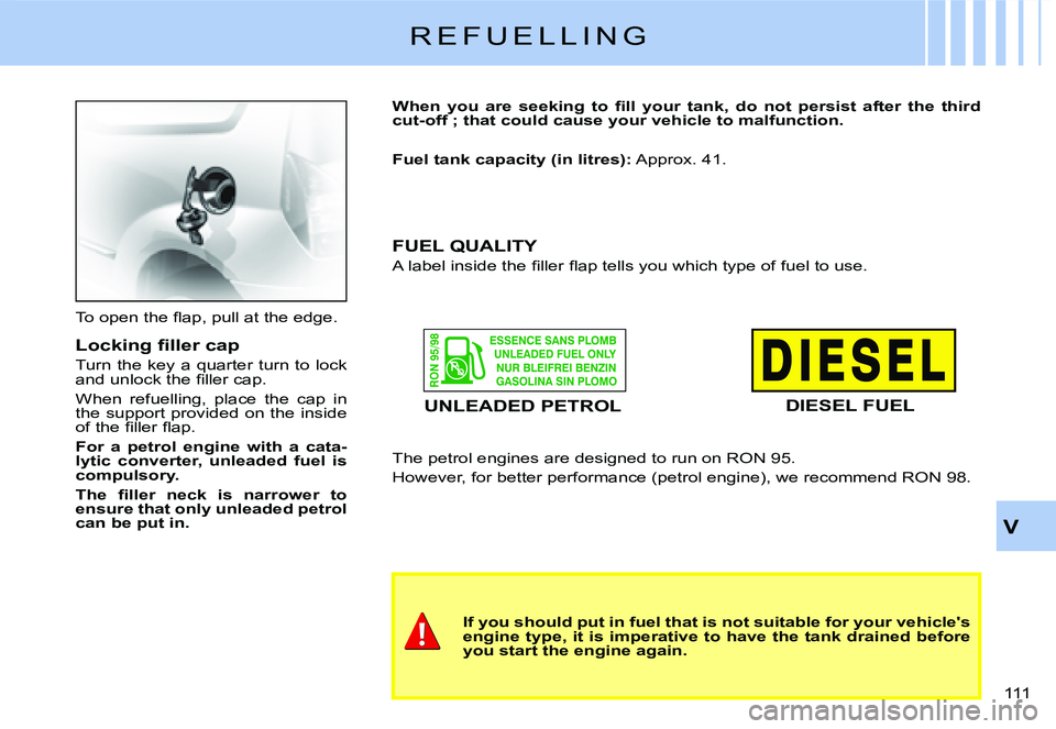 CITROEN C2 2003  Owners Manual V
111 
R E F U E L L I N G
�T�o� �o�p�e�n� �t�h�e� �ﬂ� �a�p�,� �p�u�l�l� �a�t� �t�h�e� �e�d�g�e�.
�L�o�c�k�i�n�g� �ﬁ� �l�l�e�r� �c�a�p
�T�u�r�n� �t�h�e� �k�e�y� �a� �q�u�a�r�t�e�r� �t�u�r�n� �t�o�