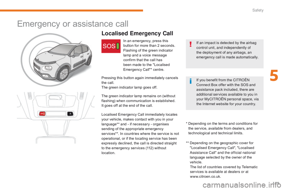 CITROEN C3 2022  Owners Manual 119
B618_en_Chap05_securite_ed01-2016
Emergency or assistance call
Localised Emergency Call
If an impact is detected by the airbag 
control unit, and independently of 
the deployment of any airbags, a