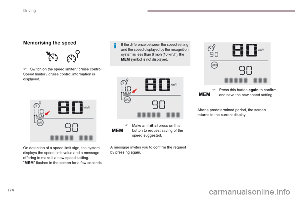 CITROEN C3 2022  Owners Manual 174
B618_en_Chap06_conduite_ed01-2016
If the difference between the speed setting 
and the speed displayed by the recognition 
system is less than 6 mph (10 km/h), the 
MEM symbol is not displayed.Mem