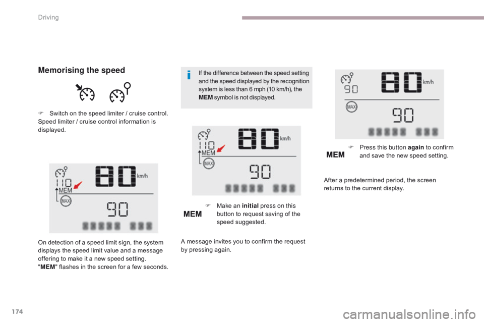 CITROEN C3 2022 Owners Manual 174
B618_en_Chap06_conduite_ed01-2016
If the difference between the speed setting
and the speed displayed by the recognition
system is less than 6 mph (10 km/h), the
MEM symbol is not displayed.Mem CITROEN C3 2022 Owners Manual 174
B618_en_Chap06_conduite_ed01-2016
If the difference between the speed setting
and the speed displayed by the recognition
system is less than 6 mph (10 km/h), the
MEM symbol is not displayed.Mem