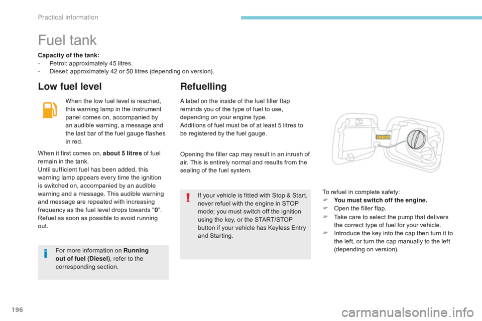 CITROEN C3 2022  Owners Manual 196
B618_en_Chap07_info-pratiques_ed01-2016
Fuel tank
Capacity of the tank:
- Pe trol: approximately 45 litres.
-
 
D
 iesel: approximately 42 or 50 litres (depending on version).
Low fuel level Refue