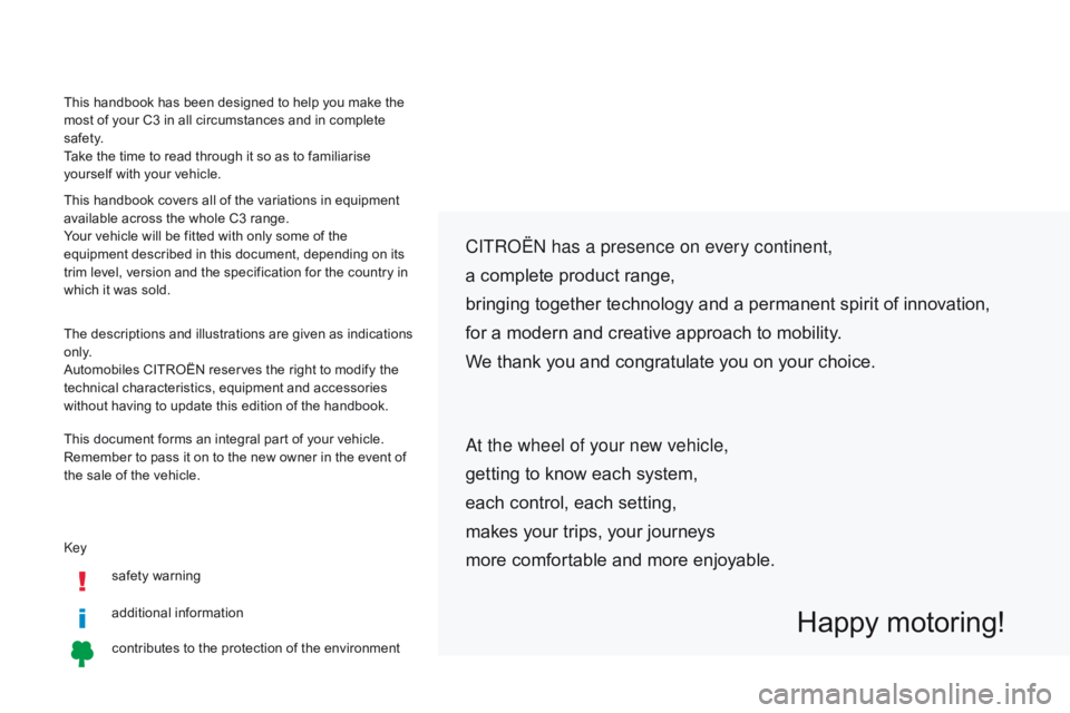 CITROEN C3 2022  Owners Manual Keysafety warning
additional information
contributes to the protection of the environment
CITROËN has a presence on every continent,
a complete product range,
bringing together technology and a perma