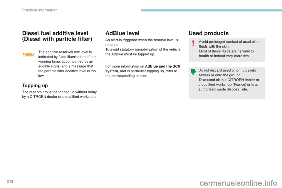 CITROEN C3 2022 Owners Manual 212
B618_en_Chap07_info-pratiques_ed01-2016
To p p i n g u p
The reservoir must be topped up without delay
by a CITROËN dealer or a qualified workshop.
Diesel fuel additive level
(Diesel with part CITROEN C3 2022 Owners Manual 212
B618_en_Chap07_info-pratiques_ed01-2016
To p p i n g u p
The reservoir must be topped up without delay
by a CITROËN dealer or a qualified workshop.
Diesel fuel additive level
(Diesel with part
