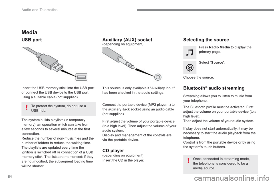 CITROEN C3 2022  Owners Manual 64
 Audio and Telematics 
          Media 
  USB  port                   Selecting  the  source  
  Select  " Source ".  
  Press   Radio Media  to display the primary page.  
  The system builds play